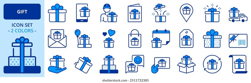 Icons in two colors about gift. Shopping concept. Contains such icons as gift box, gift card, wish list and gift wrap. Editable stroke