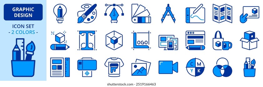 Icons in two colors about graphic design. Contains such icons as vector, illustation, web design, and print. Editable stroke