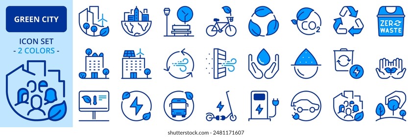 Iconos en dos colores sobre ciudad verde. Desarrollo sostenible. Contiene iconos como la energía renovable, la construcción autónoma, la calidad del aire y el agua. Trazo editable