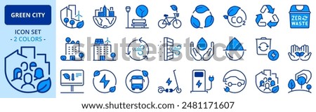 Icons in two colors about green city. Sustainable development. Contains such icons as renewable energy, autonomous building, air and water quality. Editable stroke