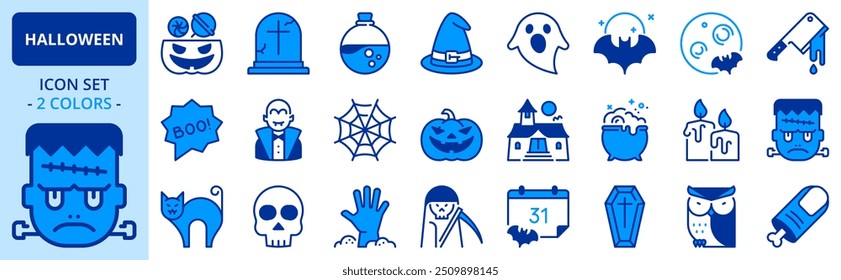 Icons in two colors about Halloween. Contains such icons as trick or treat, pumpkin, potions, haunted house and monsters. Editable stroke