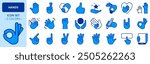 Icons in two colors about hand gestures. Contains such icons as fingers crossed, clapping, point, waving, writing and numbers. Editable stroke. 