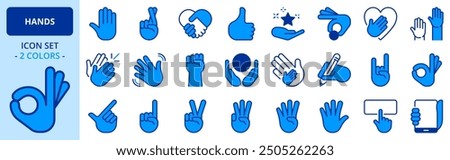 Icons in two colors about hand gestures. Contains such icons as fingers crossed, clapping, point, waving, writing and numbers. Editable stroke. 