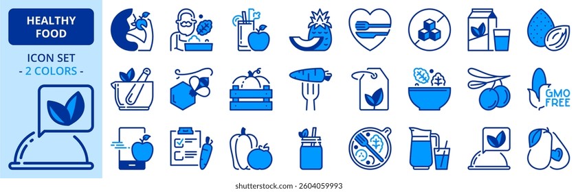 Icons in two colors about healthy food. Editable stroke. 