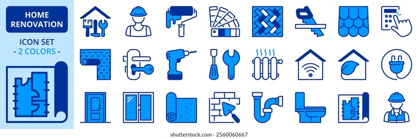 Icons in two colors about home renovation. Contains such icons as repair, tools, building materials, worker, sanitary, carpentry, architecture  and decor. Editable stroke