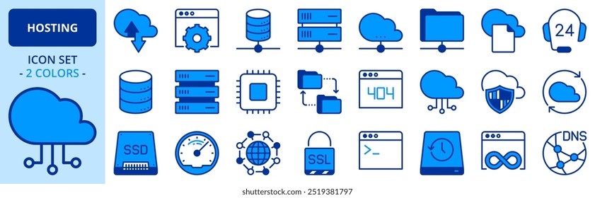 Ícones em duas cores sobre hospedagem e rede em nuvem. Contém ícones como banco de dados, pasta, arquivo, transferência, SSL, DNS, VPN, VPS e domínio. Traçado editável