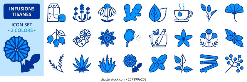 Icons in two colors about infusions and tisanes. Contains such icons as echinacea, lavender, ginger, chamomile and dandelion. Editable stroke