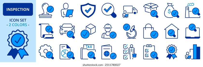 Iconos en dos colores sobre la inspección. Contiene iconos tales como control de calidad, seguridad verificada, auditoría y análisis. Trazo editable. 