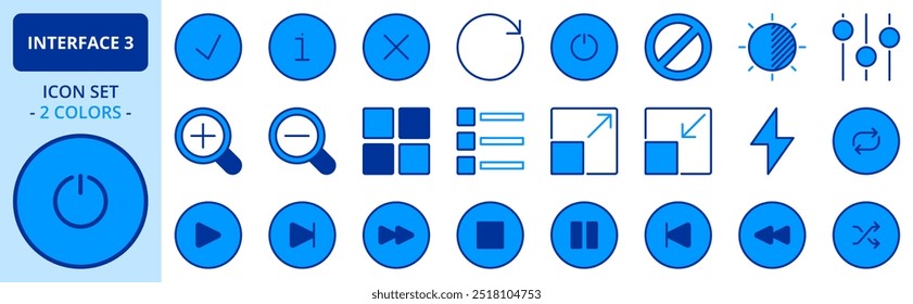 Icons in two colors about interface 3. Editable stroke.  