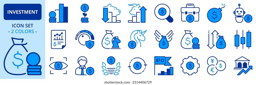 Iconos en dos colores sobre la inversión. Concepto financiero. Contiene íconos como bolsa de valores, mercado alcista y bajista, riesgo de capital y OPI. Trazo editable