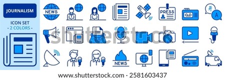 Icons in two colors about journalism. Contains such icons as communication, news, tv, radio, newspaper, digital media and journalist. Editable stroke