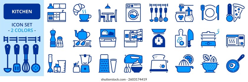 Icons in two colors about kitchen. Editable stroke.