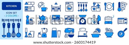 Icons in two colors about kitchen. Editable stroke.