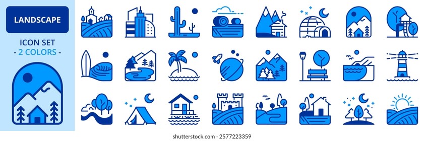 Icons in two colors about the landscape. Contains such icons as fields, mountains, island, grove, beach, desert and arctic. Editable stroke