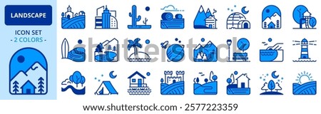 Icons in two colors about the landscape. Contains such icons as fields, mountains, island, grove, beach, desert and arctic. Editable stroke