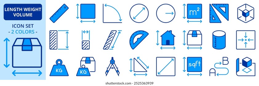 Iconos en dos colores sobre longitud, peso y volumen. Contiene íconos como Regla, cuadrado, triángulo y círculo. Trazo editable.