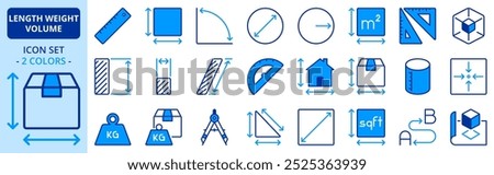 Icons in two colors about length, weight and volume. Contains such icons as ruler, square, triangle and circle. Editable stroke.
