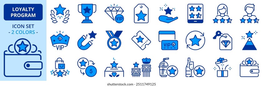 Icons in two colors about loyalty program. Contains such icons as rewards, bonus and special benefits. Editable stroke