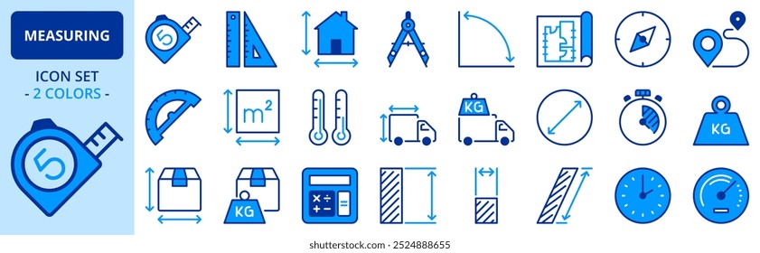 Ícones em duas cores sobre medição. Contém ícones como medida de fita, capacidade, peso, temporizador e distância. Traçado editável. 