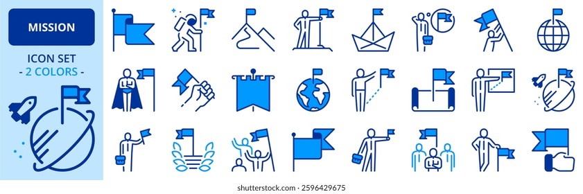 Icons in two colors about mission. Business concepts. Contains such icons as businessman with flag, achievement and goal. Editable stroke