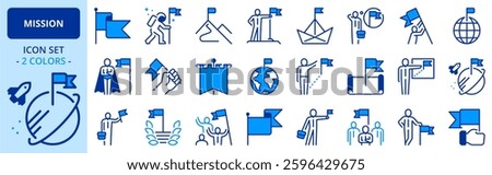 Icons in two colors about mission. Business concepts. Contains such icons as businessman with flag, achievement and goal. Editable stroke