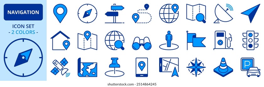 Ícones em duas cores sobre navegação. Conceito de tecnologia. Contém ícones como localização, rota de pesquisa, ponto de extremidade, GPS, mapas e informações de tráfego. Traçado editável