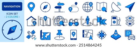 Icons in two colors about navigation. Technology concept. Contains such icons as location, search route, pinpoint, GPS, maps and traffic info. Editable stroke