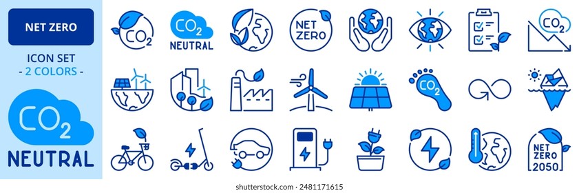 Icons in two colors about net zero. Sustainable development. Contains such icons as green energy, CO2 neutral, save Earth, climate action. Editable stroke