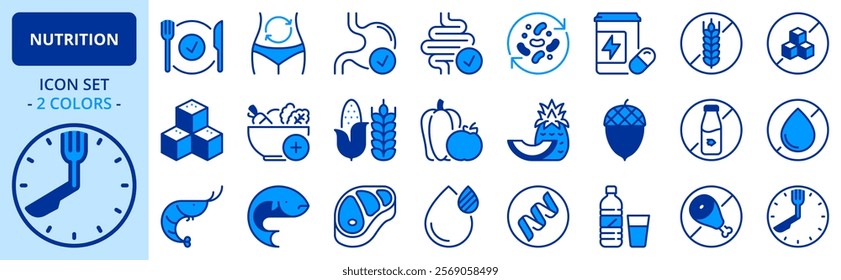 Icons in two colors about nutrition. Contains such icons as healthy food, fat, protein, vegetables, fruit, carbohydrates, and sugar. Editable stroke