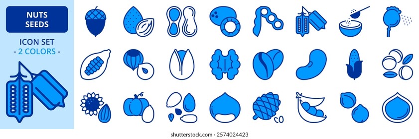 Icons in two colors about nuts and seeds. Contains such icons as almond, cacao, chestnut, chickpeas, chia and beans. Editable stroke 