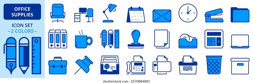 icons in two colors about office supplies. Contains such icons as workplace, stationery, laptop, printer, pen and document. Editable stroke