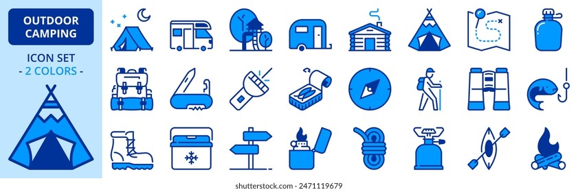 Icons in two colors about outdoor - camping. Contains such icons as camp, tools, caravan, adventure sport, campfire, and trekking. Editable stroke