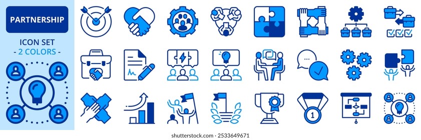 Icons in two colors about partnership. Contains such icons as business, win-win, trust, collaboration, goal, teamwork, share, performance, knowledge and planning. Editable stroke