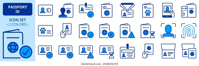 Ícones em duas cores sobre passaporte e cartão de identificação. Contém ícones como identificação pessoal, rastreador de animais e visto aprovado. Traçado editável. 