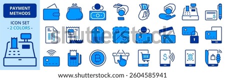 Icons in two colors about payment methods. Shopping. Contains such icons as wallet, coin, credit card, money, one click, check and contactless biometric payment. Editable stroke