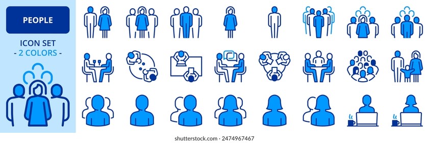 Icons in two colors about people. Contains such icons as one person, couples and groups. Editable stroke 