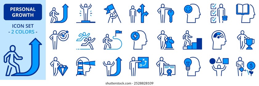 Icons in two colors about personal growth. Contains such icons as motivation, leadership, success, options, goals and skills. Editable stroke.