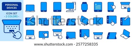 Icons in two colors about personal devices. Contains such icons as mobile, tablet, PC, ereader, smart watch, laptop and smartphone. Editable stroke
