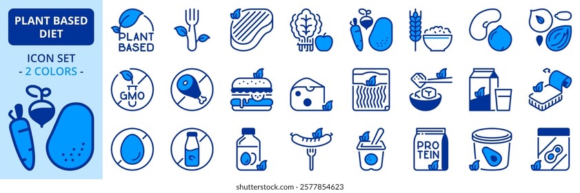 Icons in two colors about plant based diet. Contains such icons as vegan products and fruits, vegetables, whole grains legumes and nuts. Editable stroke