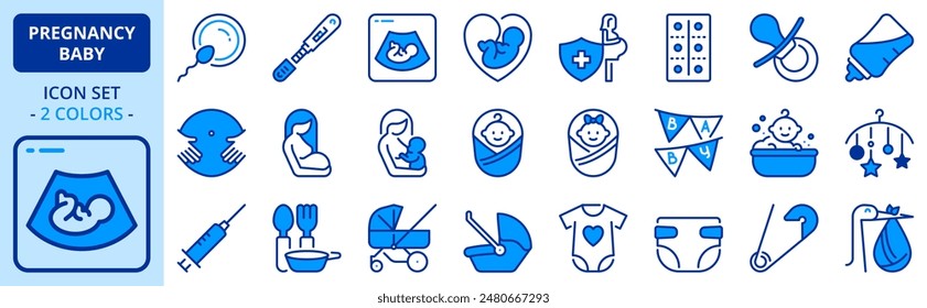 Icons in two colors about pregnancy and baby. Contains such icons as baby boy, baby girl, pacifier, breastfeeding, clothes, room, feeding bottle and stroller. Editable stroke