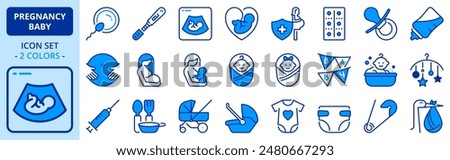 Icons in two colors about pregnancy and baby. Contains such icons as baby boy, baby girl, pacifier, breastfeeding, clothes, room, feeding bottle and stroller. Editable stroke