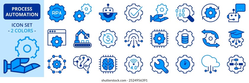 Icons in two colors about process automation. Contains such icons as robotic, algorithm, artificial intelligence, big data, deep and machine learning. Editable stroke