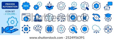 Icons in two colors about process automation. Contains such icons as robotic, algorithm, artificial intelligence, big data, deep and machine learning. Editable stroke