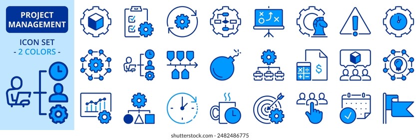 Icons in two colors about project management. Contains such icons as workflow, task, to do list, timeline and deadline. Editable stroke. Vector 256x256 pixel perfect.