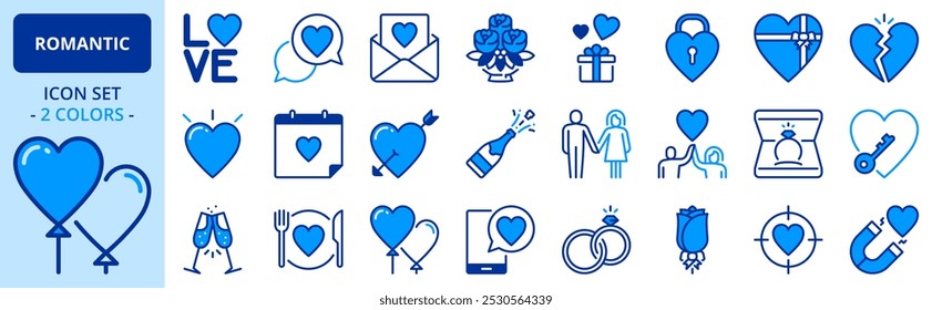 Icons in two colors about romantic. Contains such icons as valentine's day wedding, rings, engagement, invitations and bouquet. Editable stroke.