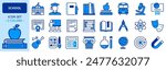 Icons in two colors about school. Contains such icons as books, blackboard, subjects, stationery supplies, and school bus. Editable stroke.