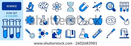 Icons in two colors about science. Contains such icons as laboratory, vaccine,  chemistry, artificial intelligence, gmo, and nano technology. Editable stroke