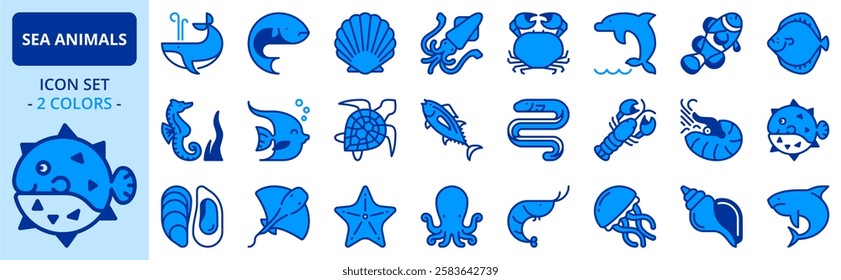 Icons in two colors about sea animals. Sea world. Editable stroke.