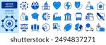 Icons in two colors about sector of society. Contains such icons as education, health care, transport, industry, finance, justice and agriculture. Editable stroke.
