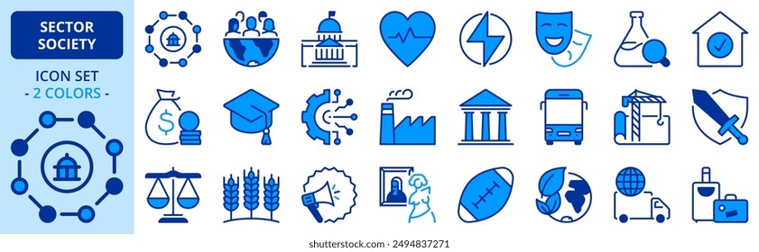 Icons in two colors about sector of society. Contains such icons as education, health care, transport, industry, finance, justice and agriculture. Editable stroke.